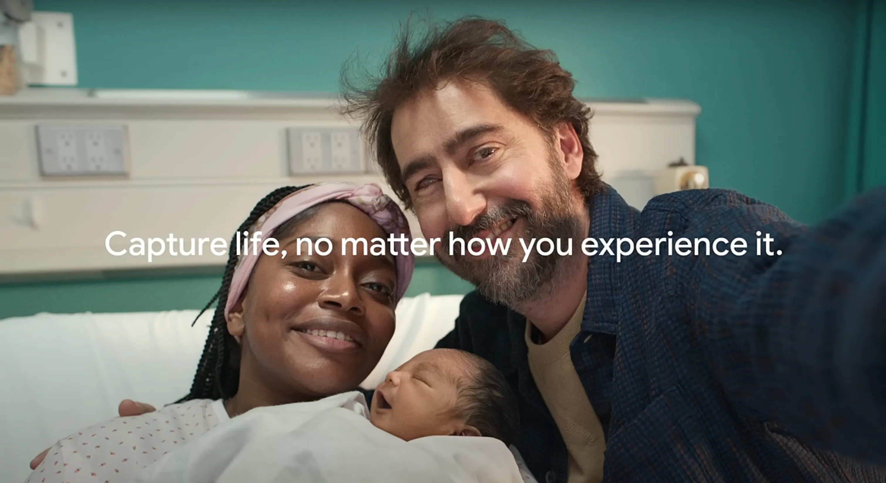 The top image shows a woman in a hospital bed holding a newborn, smiling as she takes a selfie with a bearded man beside her. White text reads: "Capture life, no matter how you experience it."
