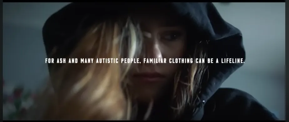 The bottom image is a close-up of her wearing a black hoodie with white text: "For Ash and many autistic people, familiar clothing can be a lifeline."